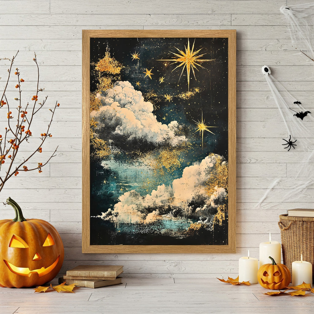 Framed Poster featuring a celestial night sky with gold accents. Perfect Halloween decor! Dark blue, gold, and white color palette.