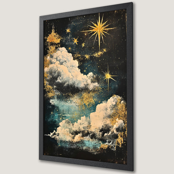 Framed Poster featuring a starry night sky with clouds, gold accents, and a dark blue color palette. Perfect wall art for your home!