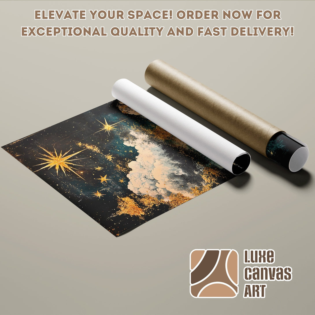 Poster Roll featuring a starry night sky art print in dark blue, gold, and teal tones. Elevate your space!