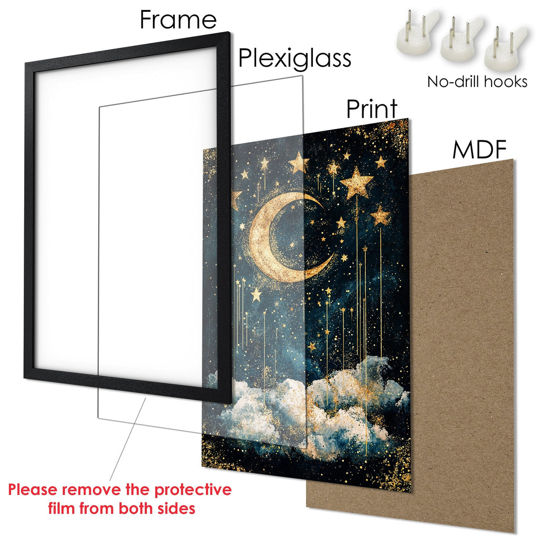 Framed Poster featuring a celestial design with a moon and stars. Artistic style with a dark blue and gold color palette. Perfect wall art.