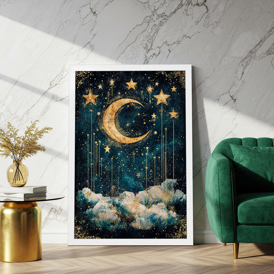 Framed Poster featuring a celestial design with a gold moon and stars on a teal background. Perfect wall art for a dreamy aesthetic.