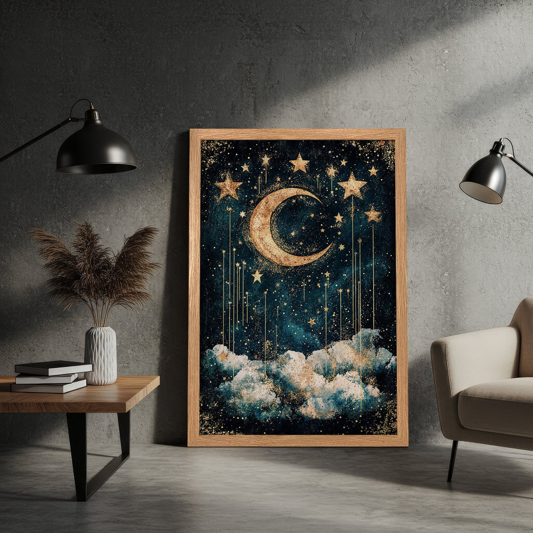 Framed Poster featuring a celestial moon and stars design in a teal and gold color palette. Perfect wall art for a dreamy aesthetic.