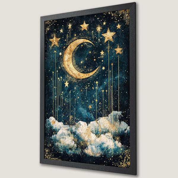 Framed Poster featuring a dreamy night sky with moon, stars, and clouds. Artistic style with a teal, gold, and white color palette.