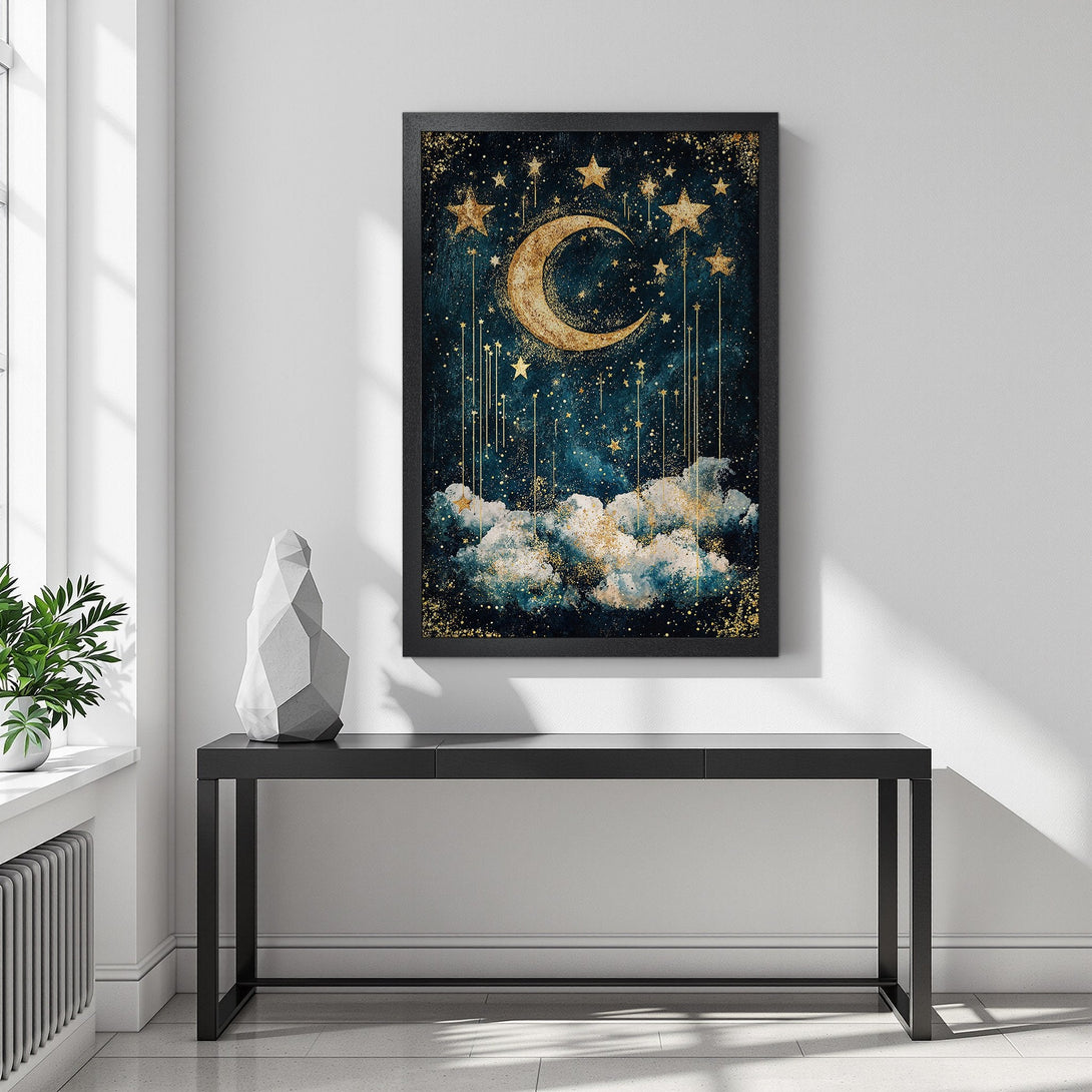 Framed Poster featuring a celestial moon and stars design in a teal and gold color palette. Perfect wall art!