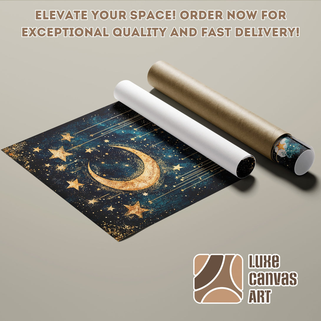 Poster Roll featuring a celestial design with a navy and gold color palette. Perfect art for your space! Order now!