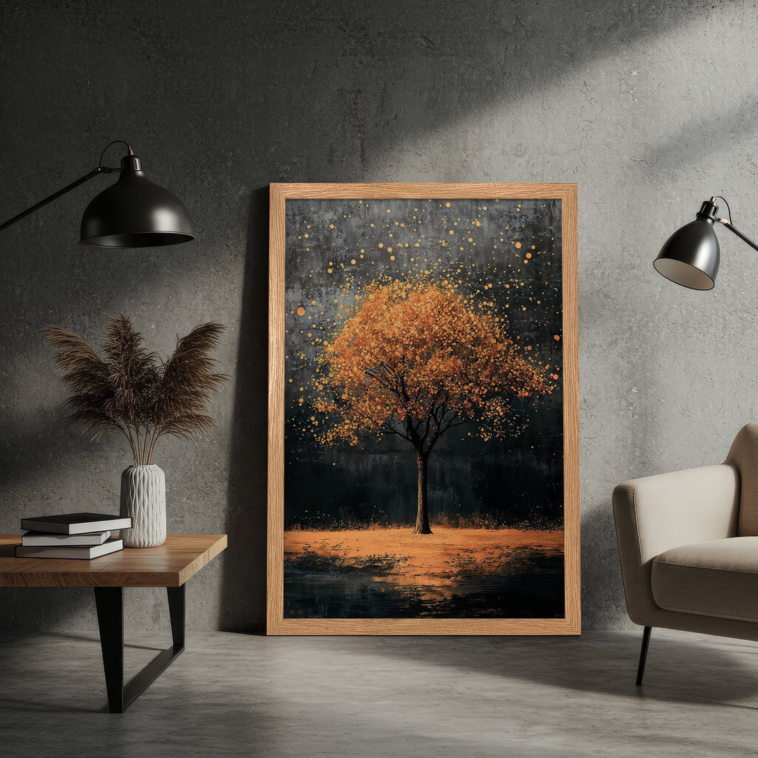 Framed Poster featuring an abstract tree in warm orange and gold hues against a dark background. Perfect wall art for modern decor.