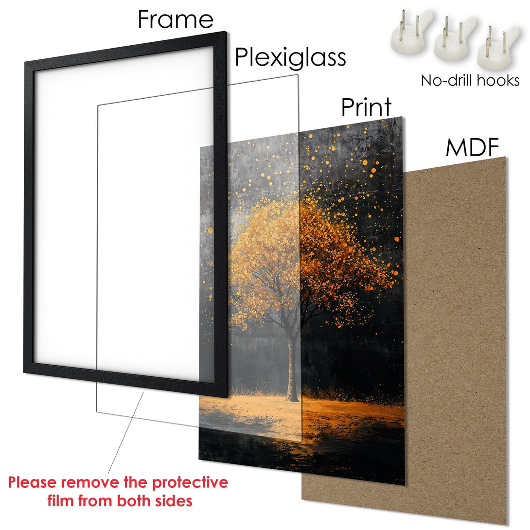 Framed Poster: Abstract art of a tree in gold and black. Modern style, warm color palette. Ready to hang art for your home.