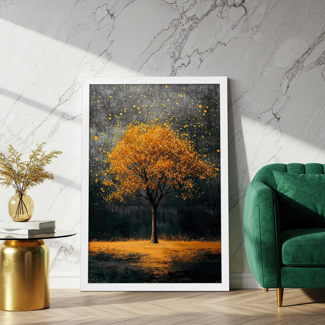 Framed Poster featuring an abstract tree in warm gold and dark tones. Perfect art for a modern home.