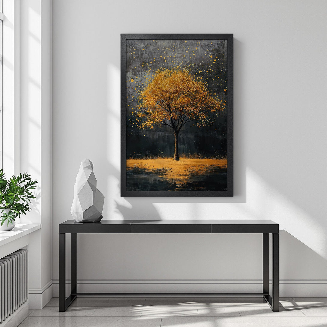 Framed Poster of a golden tree in a modern style. Features a dark, moody color palette. Perfect wall art for your home!