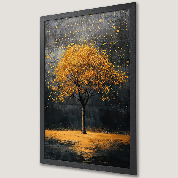Framed Poster: Abstract art with a golden tree against a dark, textured background. Warm color palette perfect for home decor.