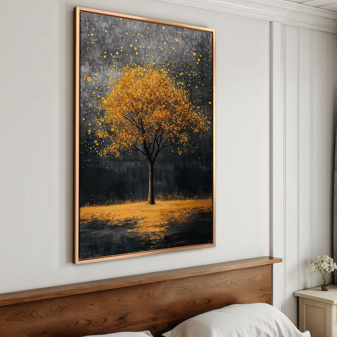 Framed Wall Art: Abstract gold tree canvas print. Modern art with a dark, moody background and gold accents. Perfect for bedroom decor.