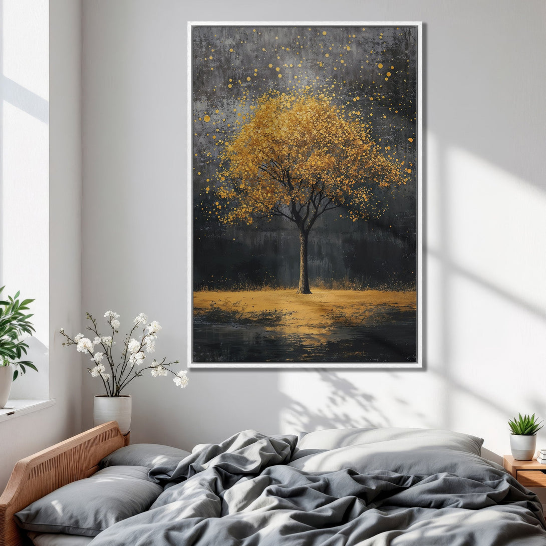 Framed Wall Art: Abstract gold tree canvas print. Modern art with a dark, moody background and golden accents. Perfect bedroom decor.