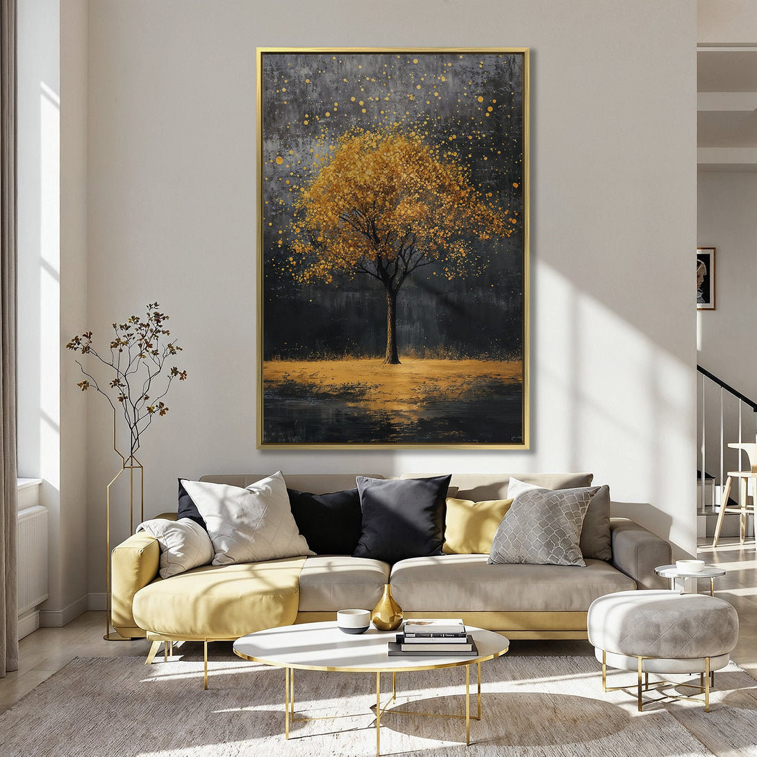 Canvas Print of an abstract golden tree against a dark background. Warm, inviting color palette. Perfect wall art for any room.