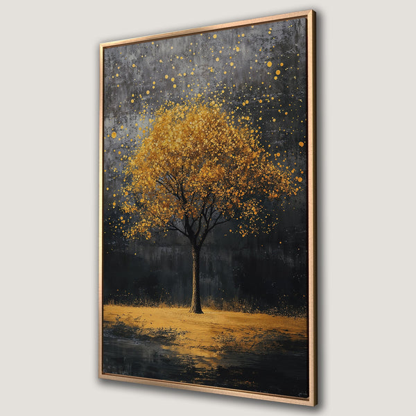 Framed Wall Art: Abstract golden tree on black background. Modern canvas print with gold and dark color palette, perfect for home decor.
