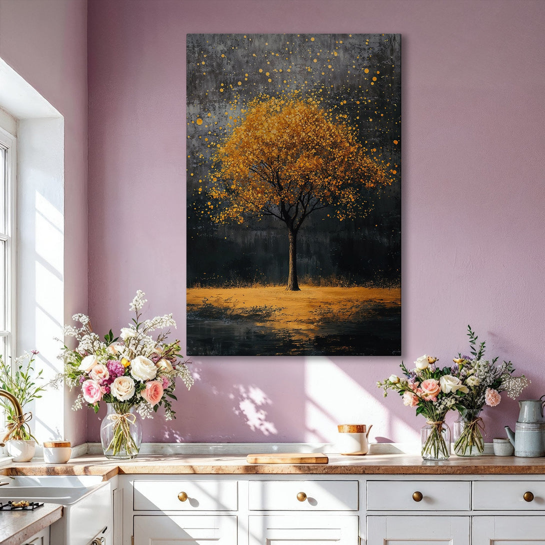 Framed Wall Art: Abstract golden tree painting in a modern interior. Features a dark, moody background with gold and black tones. Perfect for living room decor.