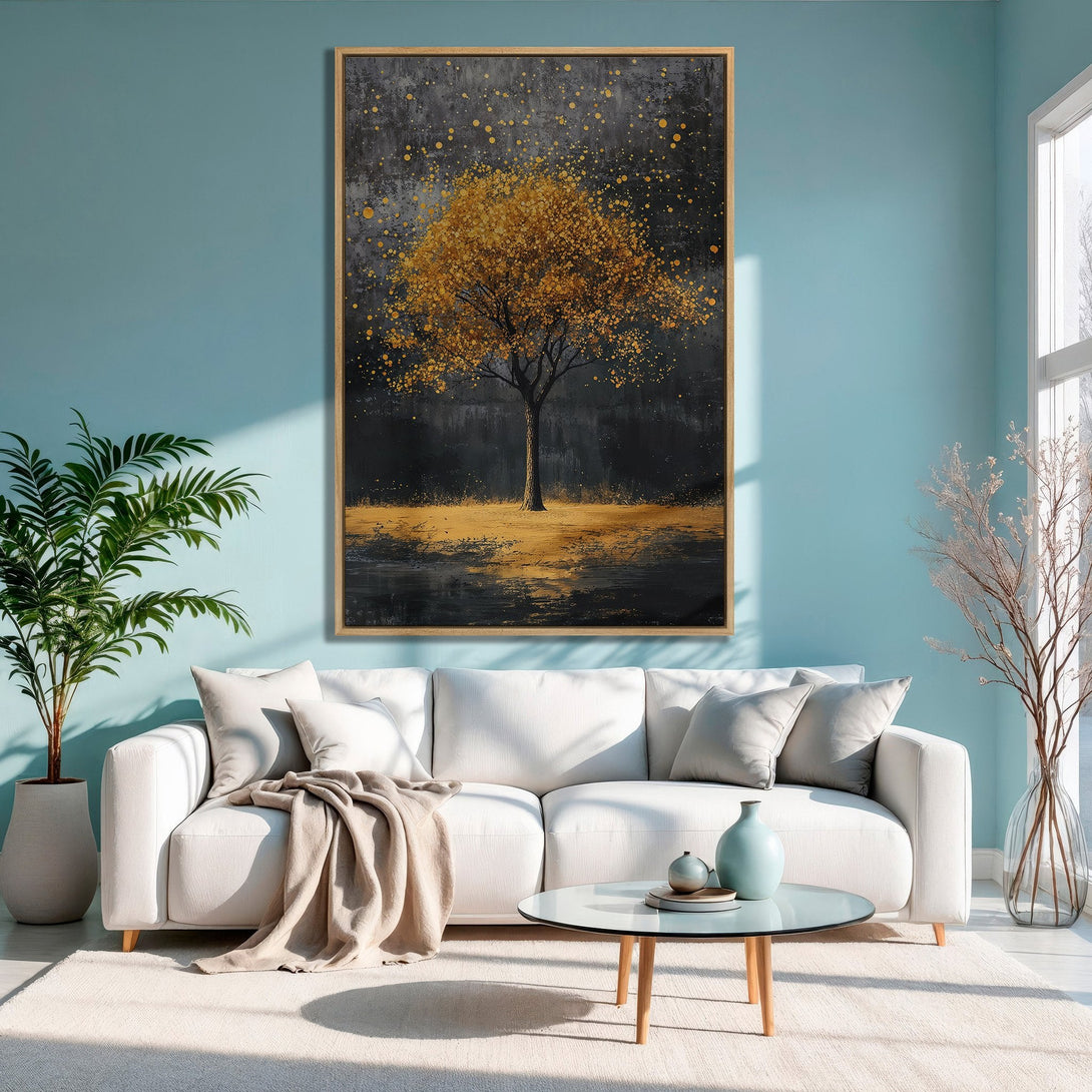 Framed Wall Art: Abstract tree art in gold and black. Modern canvas print adds a touch of elegance to any living room with its warm color palette.