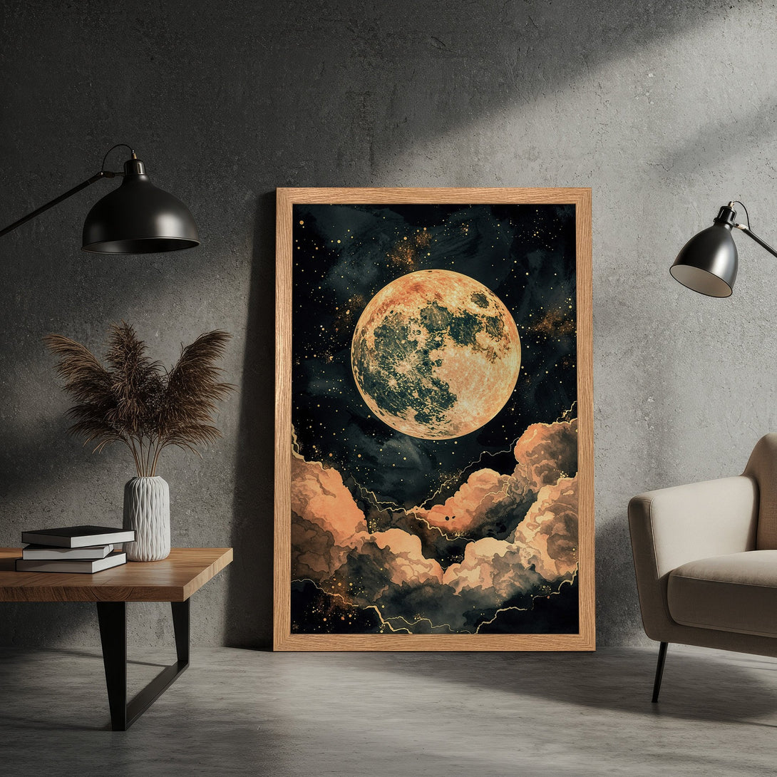 Framed Poster featuring a celestial moon and cloudscape in a watercolor style with a warm, earthy color palette. Perfect wall art!