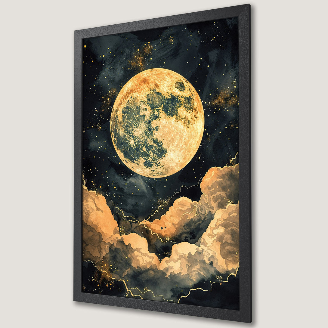 Framed Poster featuring a stunning watercolor moon and cloudscape. Celestial art in dark blue, gold, and orange tones. Perfect wall decor.
