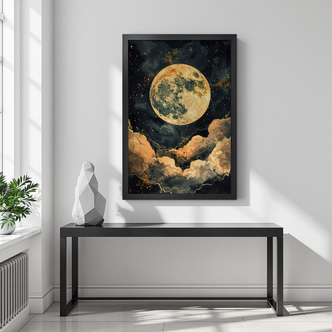 Framed Poster featuring a celestial moon & cloudscape art print in a dark, gold, and neutral color palette. Enhance your space!