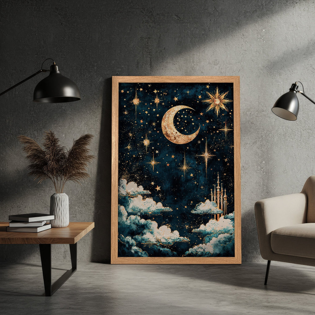 Framed Poster featuring a celestial night sky with moon and stars, in a whimsical, watercolor style with teal and gold tones.
