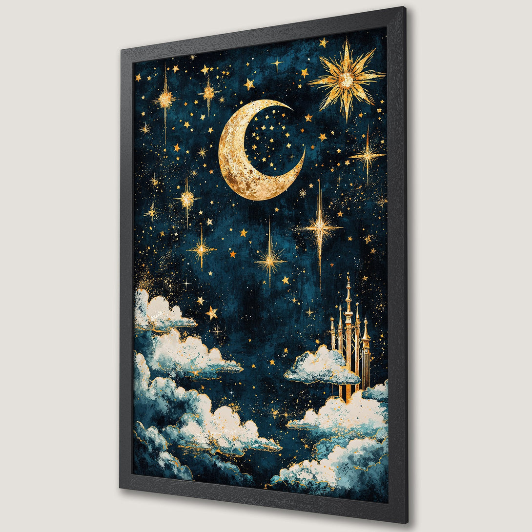 Framed Poster: Celestial night sky art print with moon, stars, and clouds. Watercolor style, deep blue and gold color palette. Perfect wall decor.