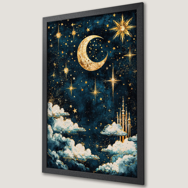 Framed Poster: Celestial night sky art print with moon, stars, and clouds. Watercolor style, deep blue and gold color palette. Perfect wall decor.