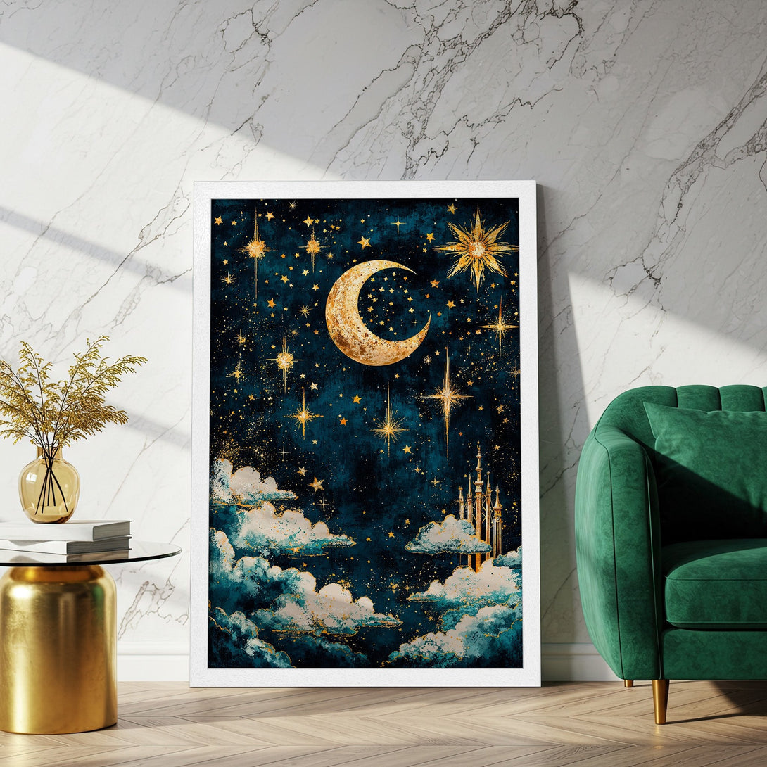 Framed Poster featuring a celestial night sky with moon and stars, in a watercolor style with teal, gold, and white color palette.