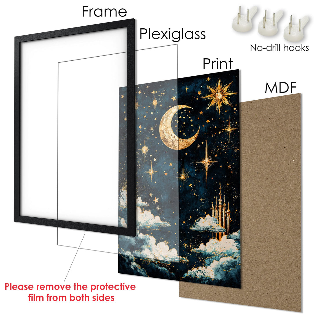 Framed Poster featuring a celestial design with a moon and stars, in a blue and gold color palette. Perfect wall art!