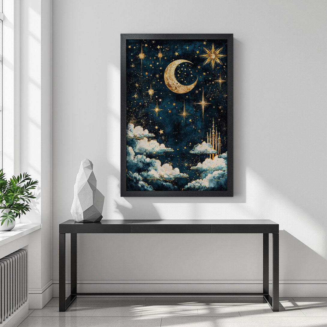 Framed Poster featuring a celestial design with a moon and stars, in a dreamy style with a teal and gold color palette.