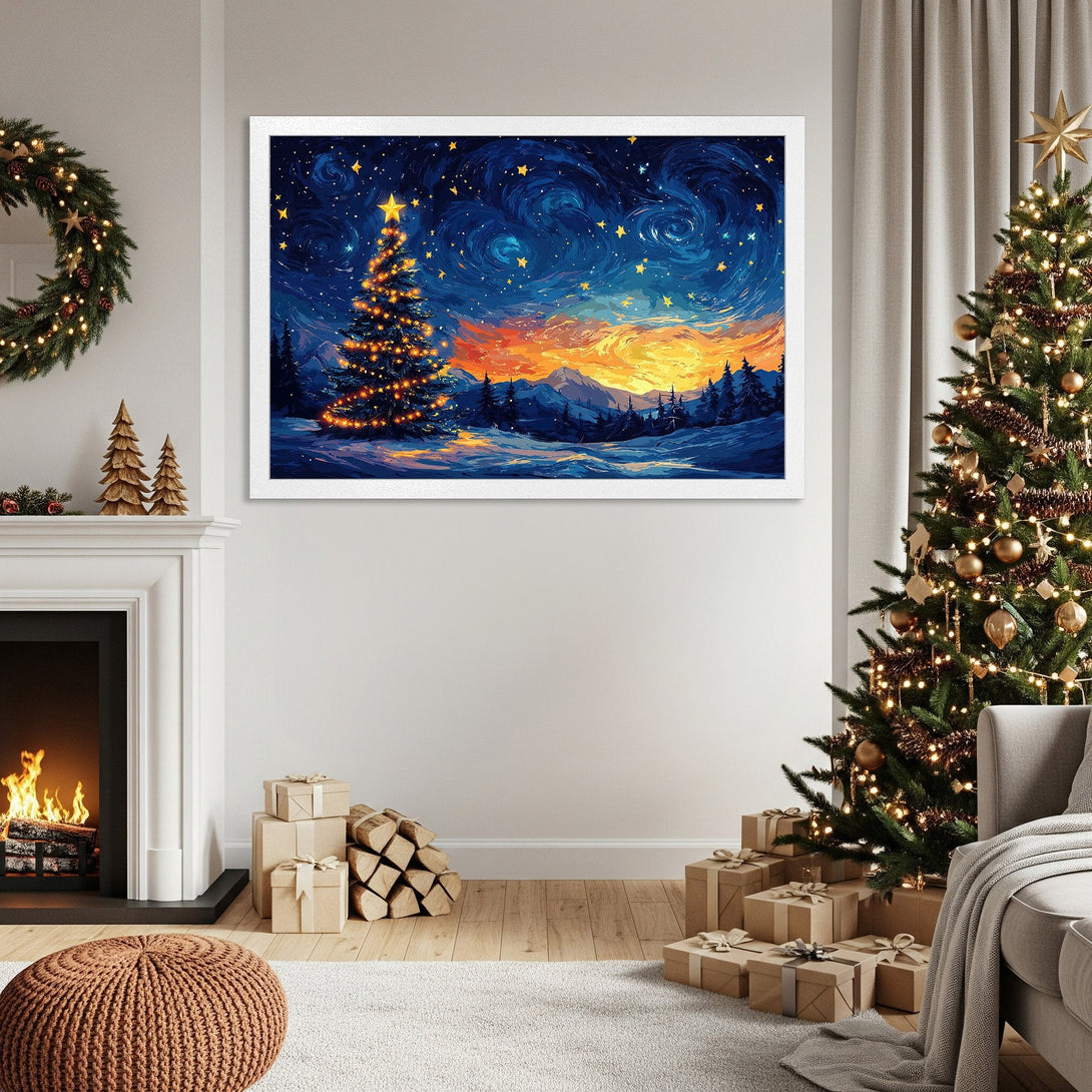 Framed Poster featuring a winter Christmas tree scene in a vibrant, impressionistic style with a blue and orange color palette. Perfect holiday decor!