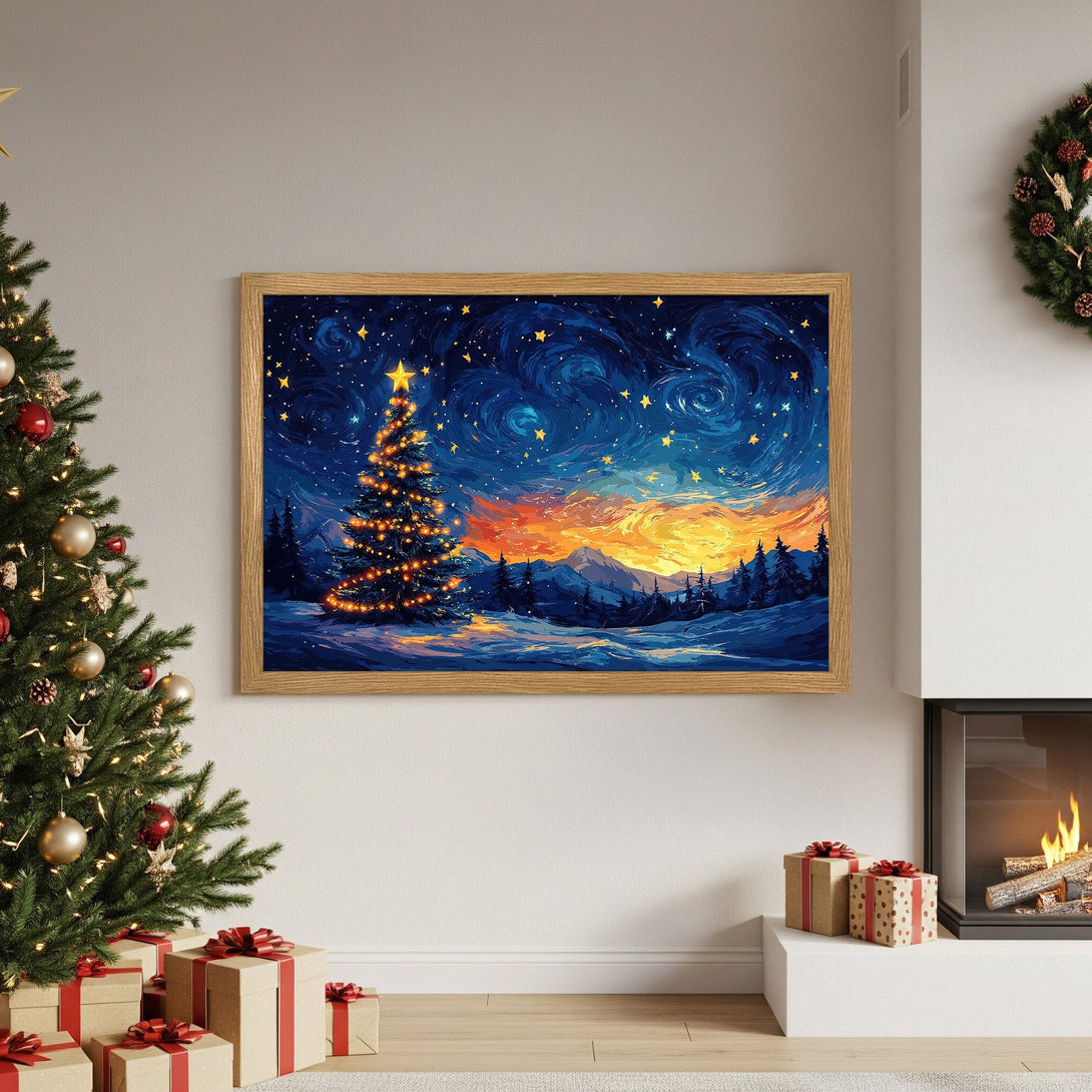 Framed Poster featuring a Christmas tree in a starry night scene, artistic style, blue and orange color palette. Perfect holiday decor!