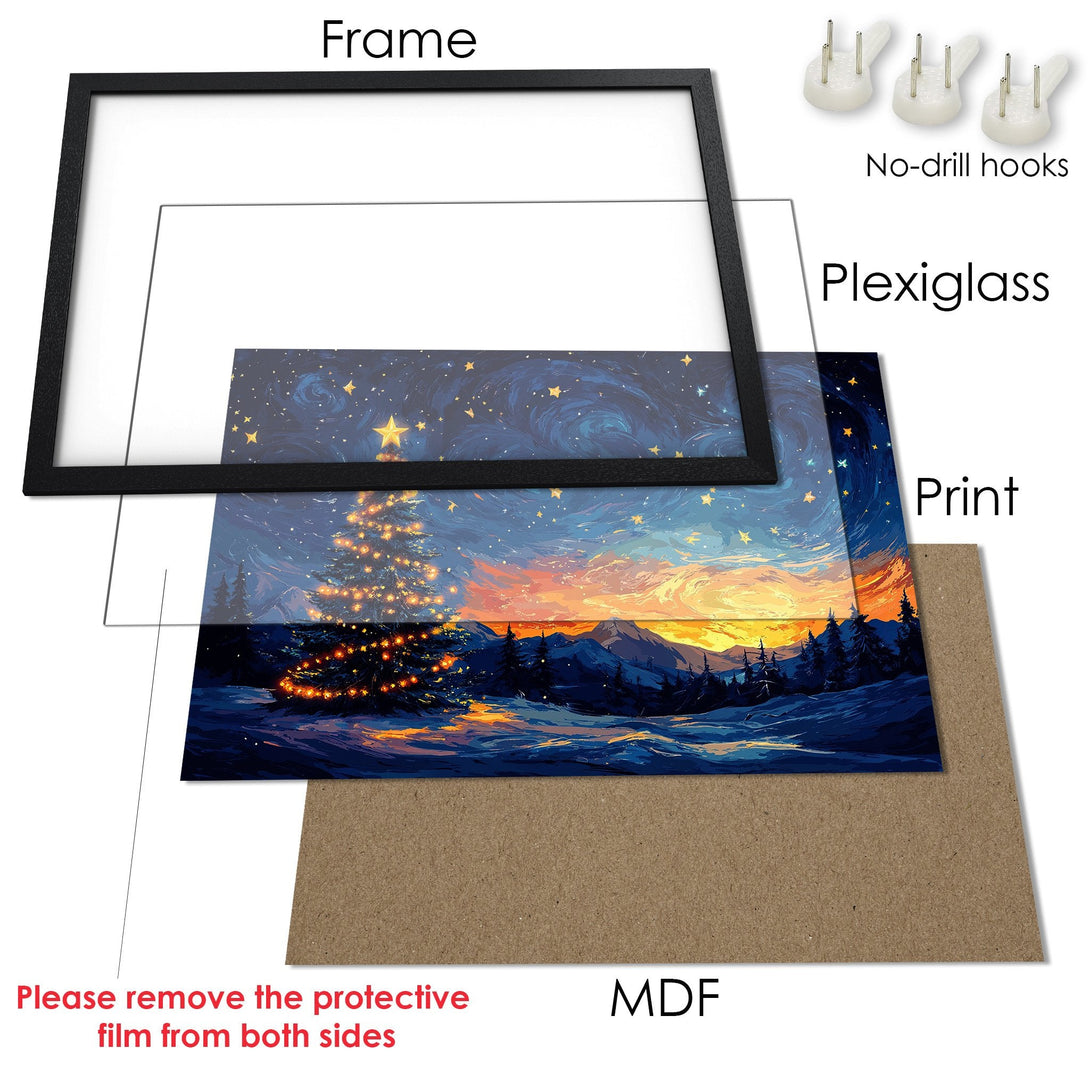 Framed Poster featuring a winter landscape with a starry sky, in a vibrant blue and gold color palette.