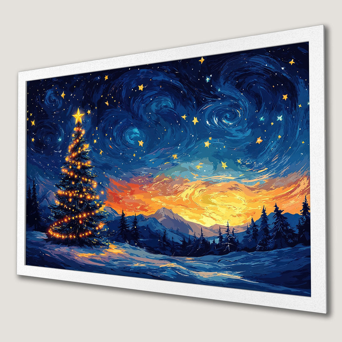 Framed Poster of a Christmas tree under a starry sky. Whimsical style with a blue, orange, and yellow color palette. Perfect holiday decor!