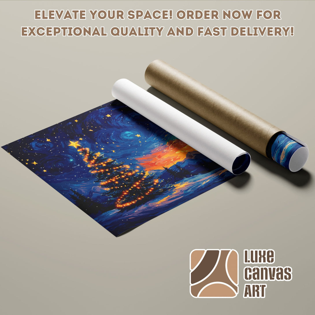 Poster Roll featuring a starry Christmas tree art print, with blue, orange, and gold tones.