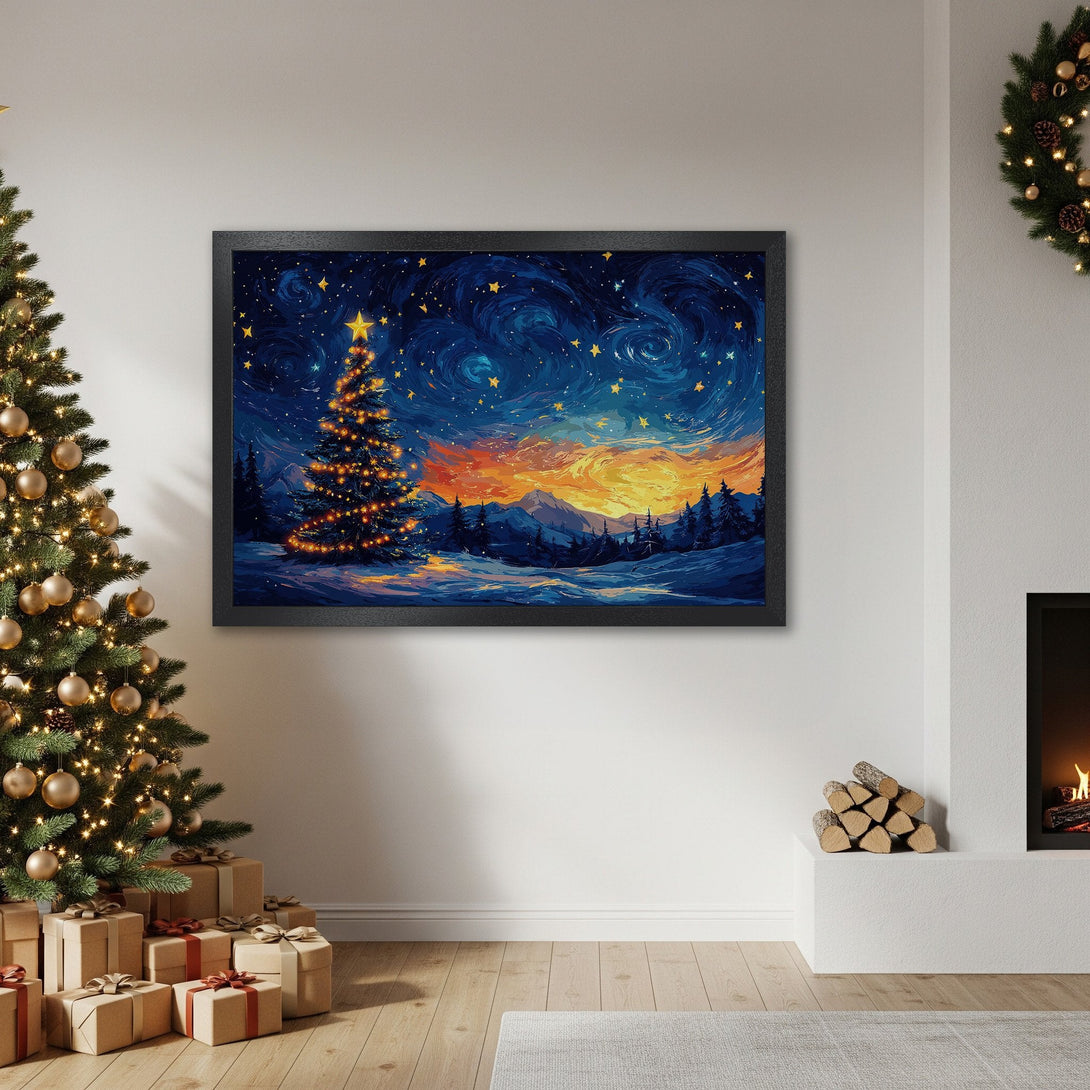 Framed Poster: Christmas tree art in a vibrant, painterly style with a blue and orange color palette. Perfect holiday decor!