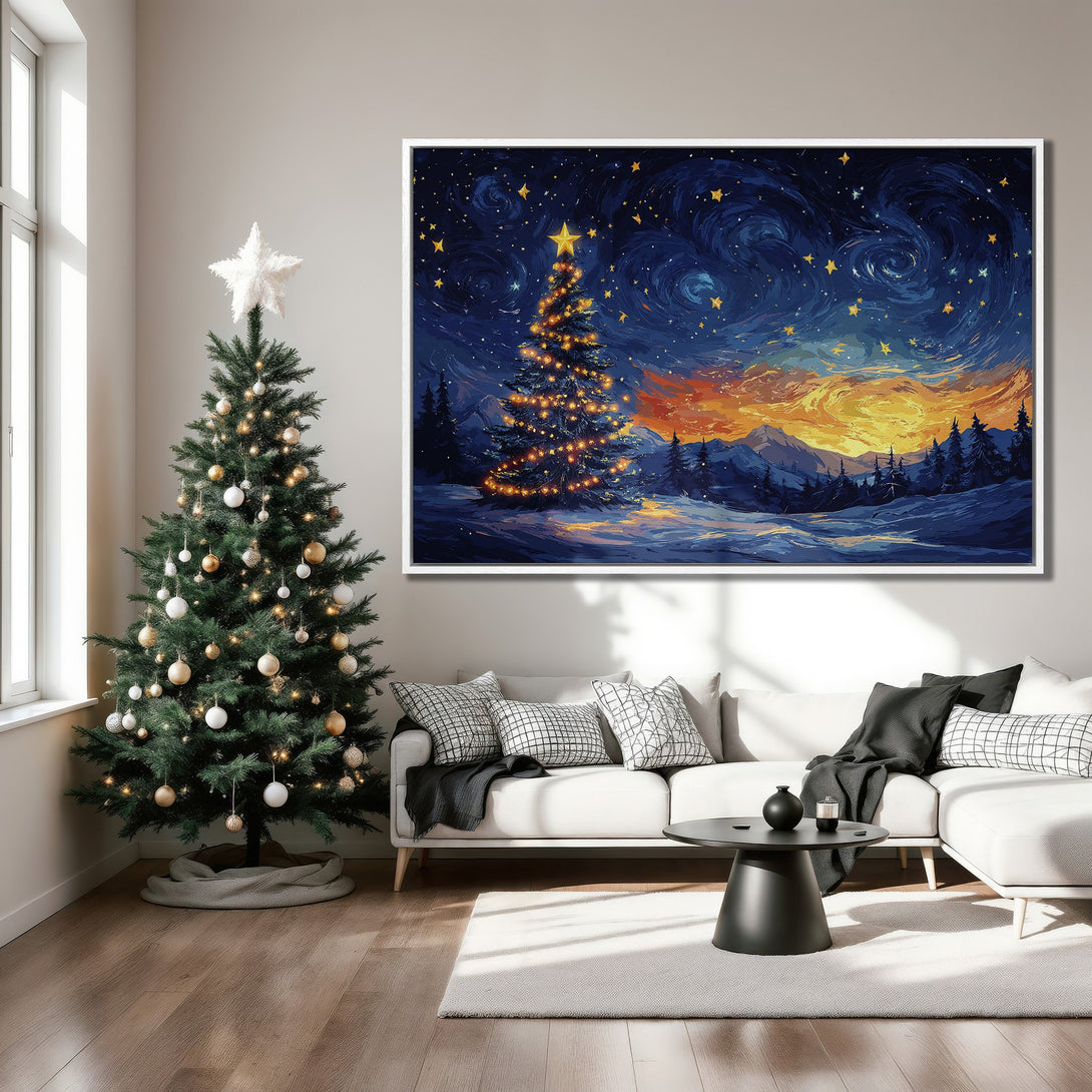 Framed Wall Art of a Christmas tree under a starry sky. Impressionistic style with a blue, orange, and yellow color palette. Perfect holiday decor!