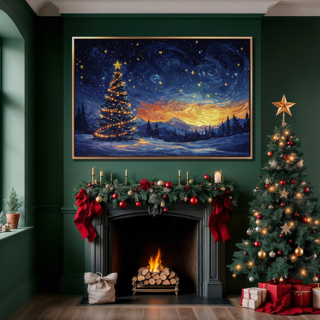 Framed Wall Art: Christmas tree scene with starry night sky, warm sunset colors, and cool blues. Perfect holiday decor for your home!