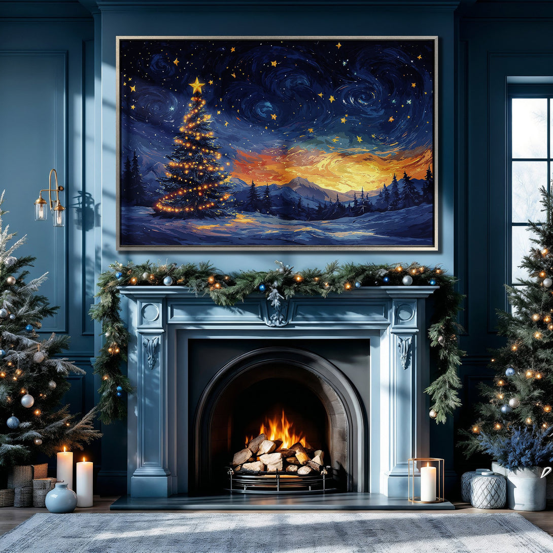 Framed Wall Art: Christmas tree painting with starry night sky. Warm, inviting colors of blue, gold, and orange. Perfect holiday decor!