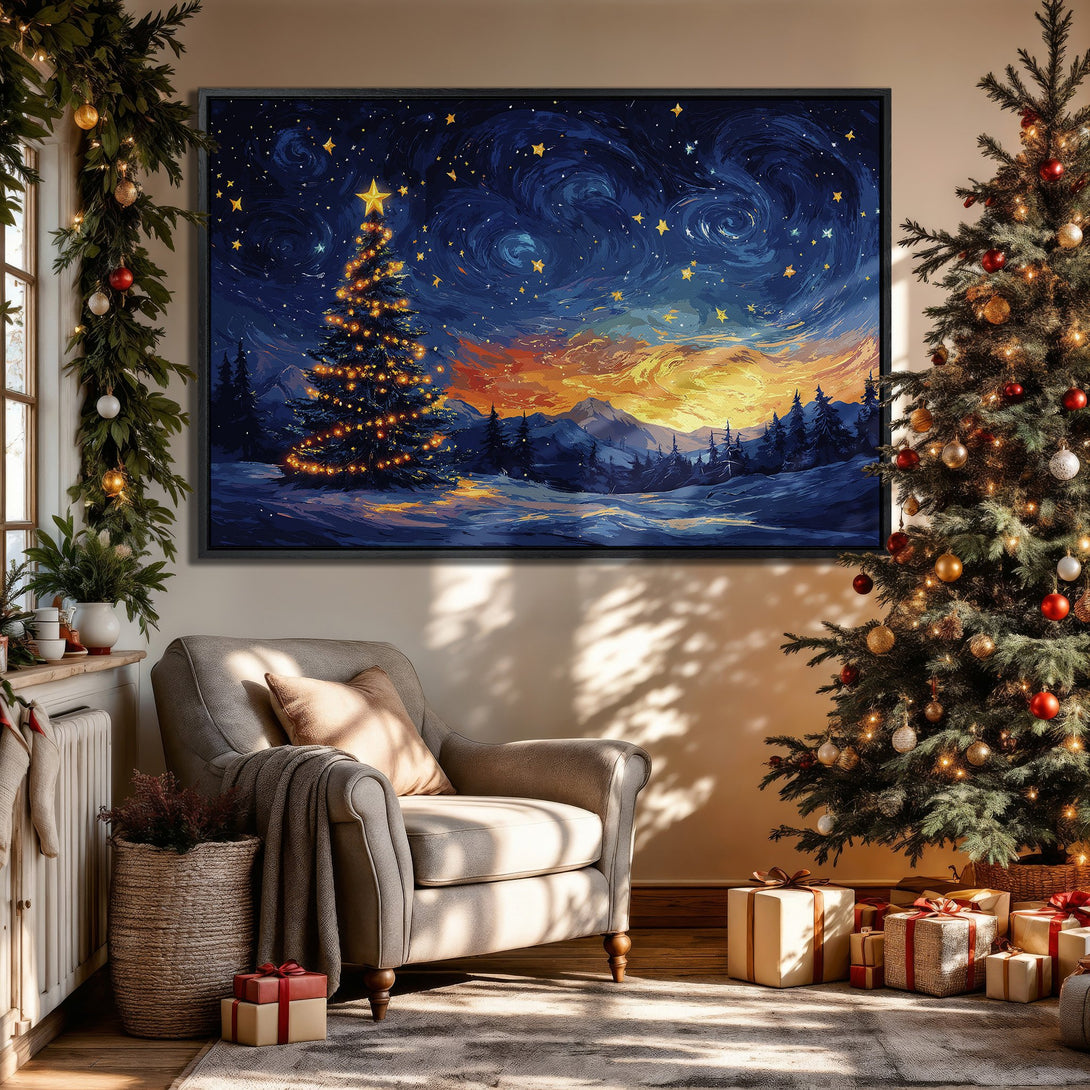 Framed Wall Art: Winter Christmas tree landscape in blue, gold, and orange hues. Perfect holiday decor for a cozy, inviting living room.
