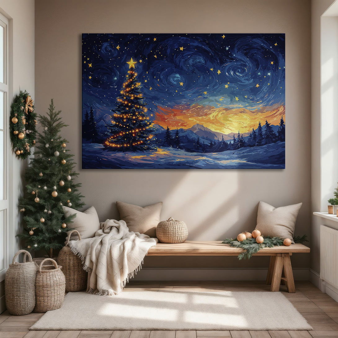Framed Wall Art: Stunning Christmas tree painting in a vibrant blue and orange color palette. Perfect for adding holiday cheer to your home decor.