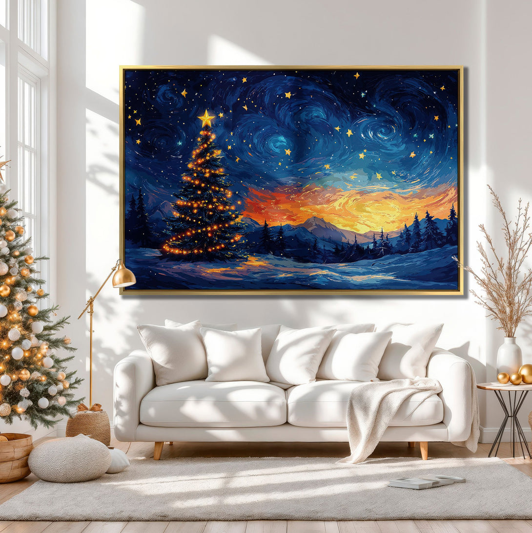 Canvas Print of a Christmas tree in a starry winter landscape, impressionistic style with blue, orange, and yellow hues. Perfect holiday decor!
