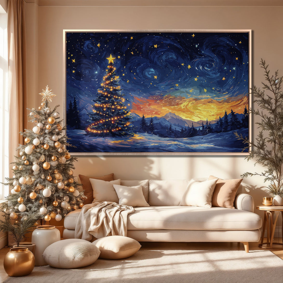 Framed Wall Art: Christmas scene with a starry night sky and lit tree. Blue, gold, and orange palette. Perfect holiday decor for your home.