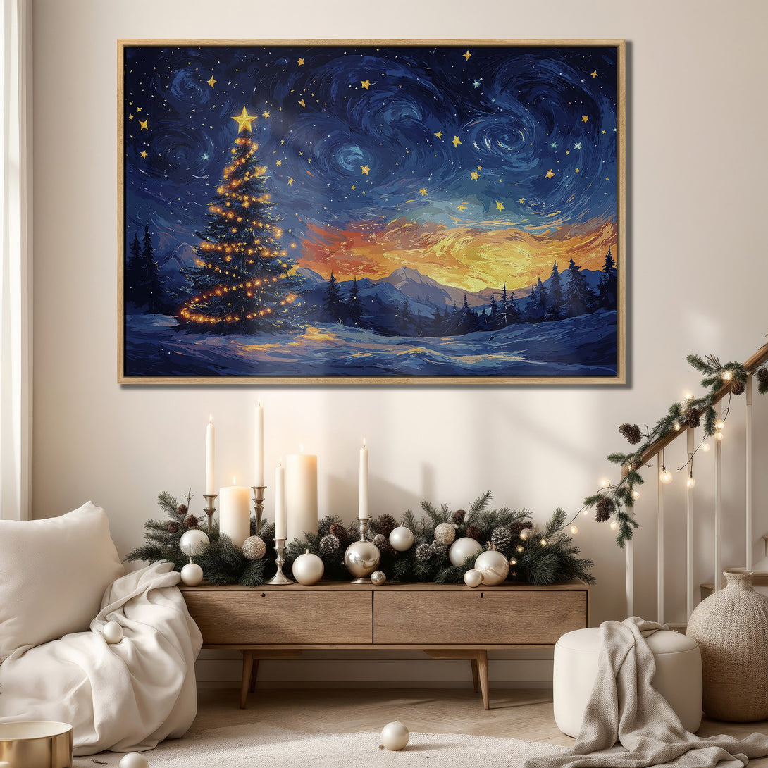 Framed Wall Art: Winter landscape Canvas Print with a starry night sky, Christmas tree, and a warm color palette of blues, oranges, and yellows. Perfect holiday decor!