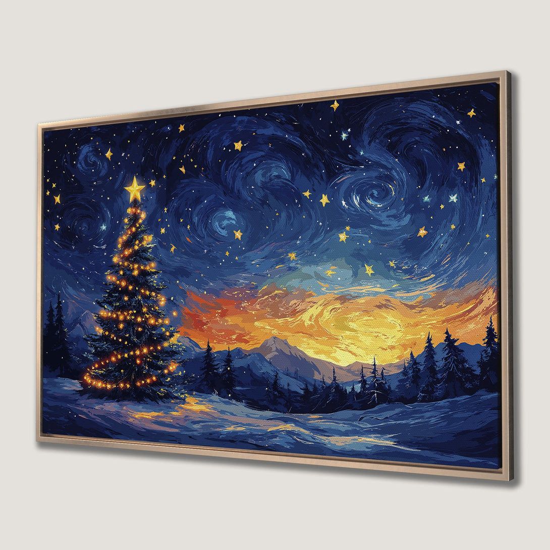 Framed Wall Art: Winter Christmas scene with a decorated tree under a starry sky. Featuring a blue and gold color palette, perfect for holiday decor.