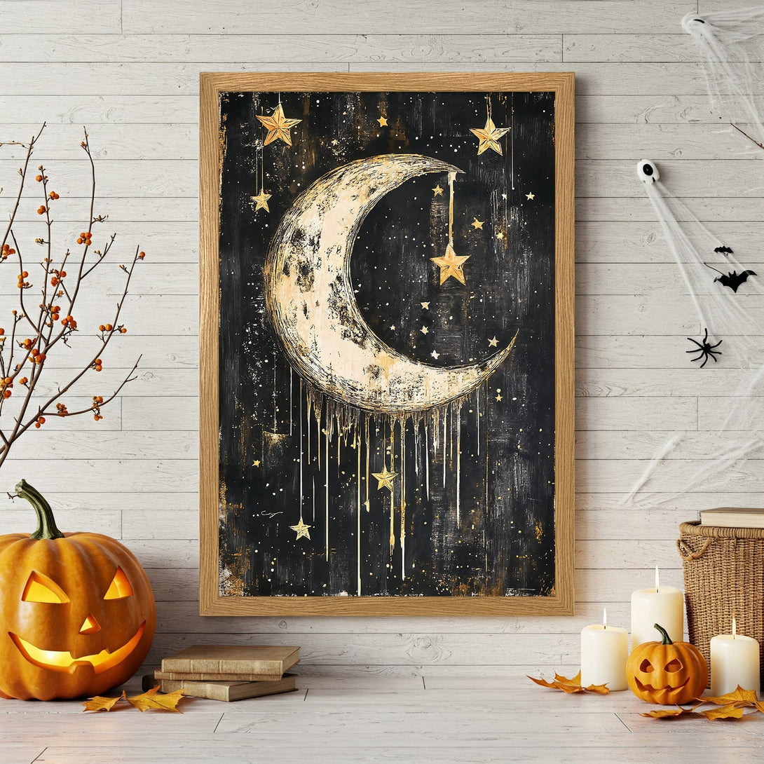 Framed Poster featuring a celestial moon and stars design in a gold and black palette, perfect for Halloween decor.