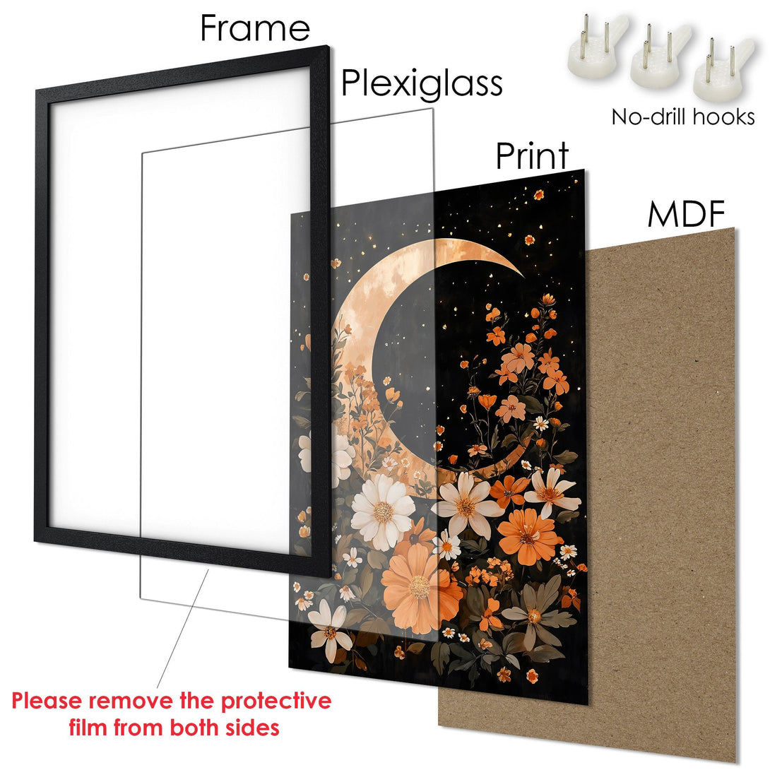 Framed Poster featuring a black swan abstract art print with a gold, gray, and black color palette. Perfect wall decor!
