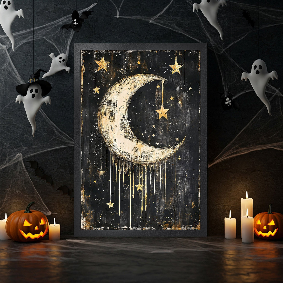 Framed Poster featuring a celestial design with a moon and stars, in a black and gold color palette, perfect Halloween decor.
