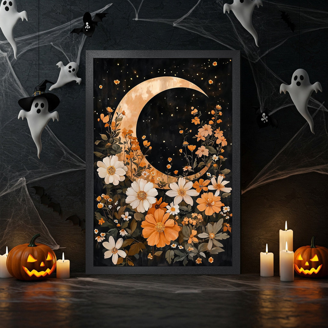 Framed Poster featuring a black swan abstract art print with gold, gray, and white hues. Perfect for Halloween decor.