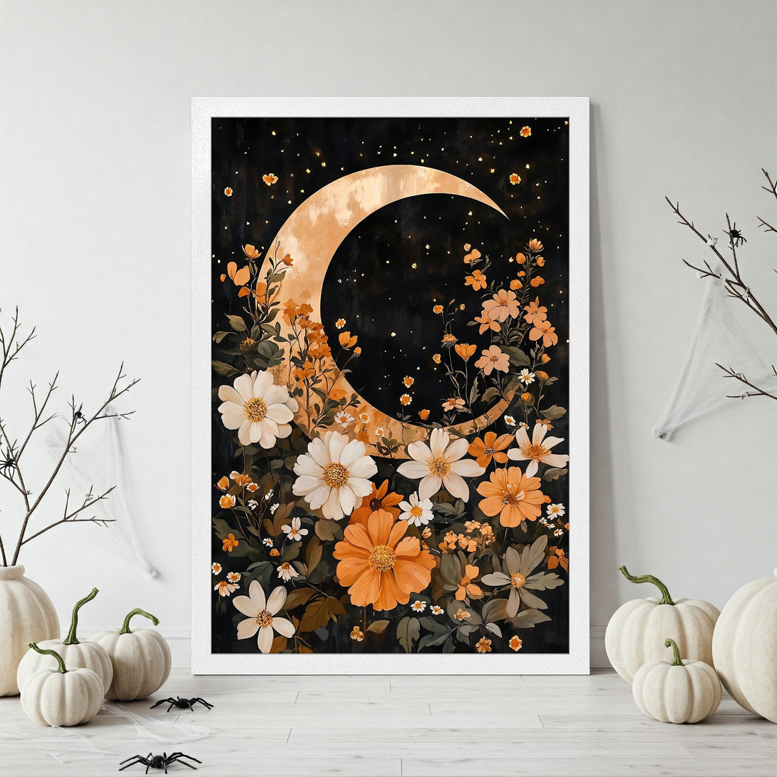 Framed Poster featuring a black swan abstract painting with gold, gray, and white color palette. Modern art poster for home decor.
