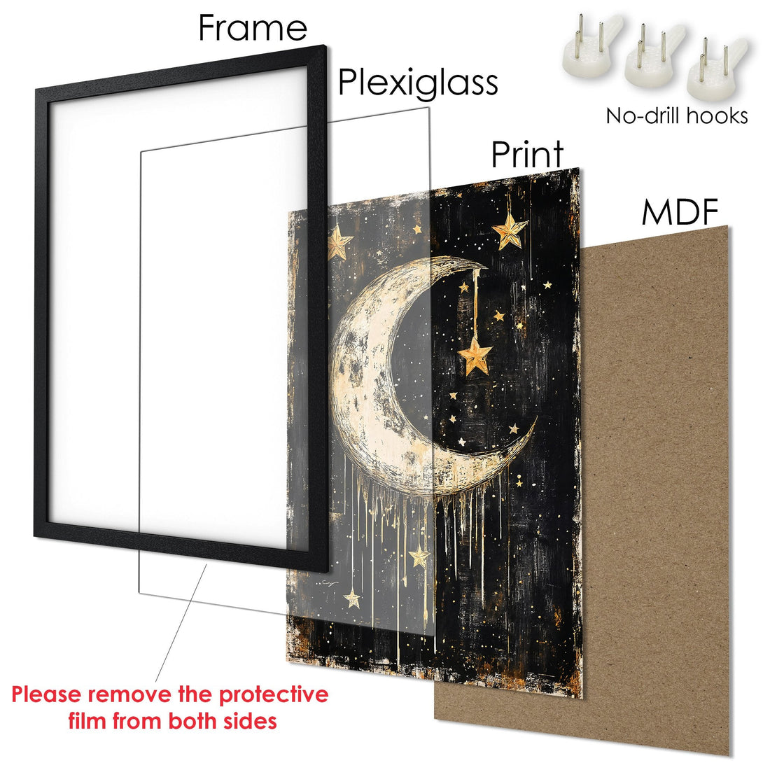 Framed Poster featuring a celestial design with a moon and stars, black and gold color palette, perfect wall art.
